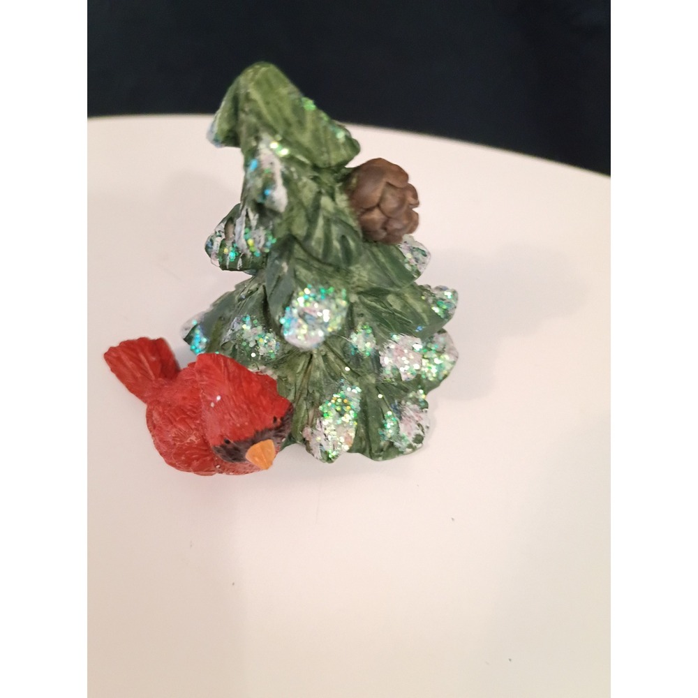 Miniature Red Cardinal and Glittery Christmas Tree Resin Figurine Holiday Decor
